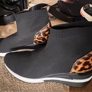 Michael Kors Black Knit Slip-On Sneakers with Leopard Heel Accent